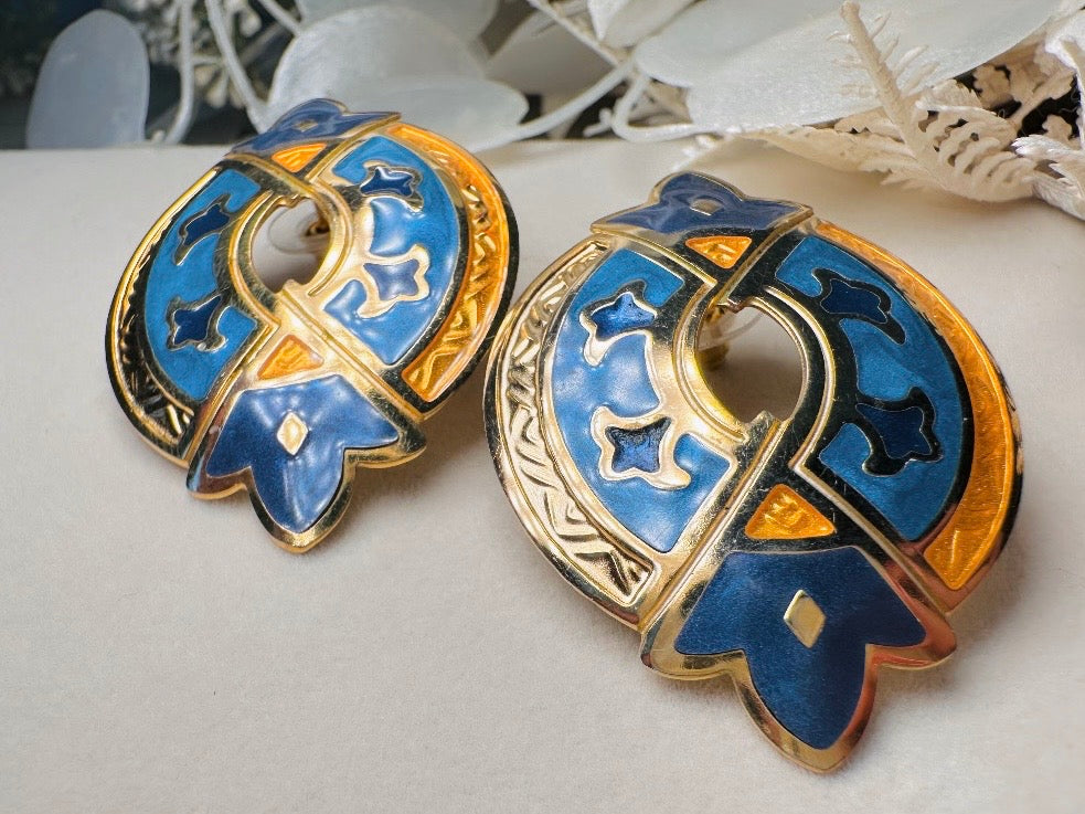 Blue and Gold Etruscan Earrings, Vintage Berebi Enamel Earrings, Grecian Oversized Statement Earrings