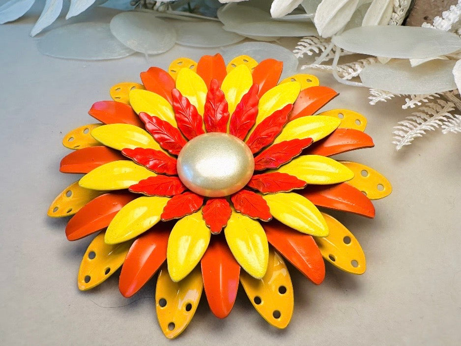 Huge Vintage Flower Brooch, Oversized 1960s Mod Flower Power Enamel Pin in Yellow Orange + Red, Colorful Floral Pin with Pearl Center