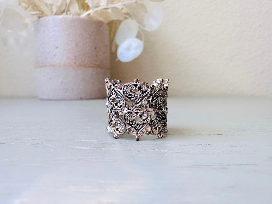 Silver Filigree Ring, Antique Silver Lace Ring with Hearts + Cut Outs, Vintage Statement Ring, Thick Band Costume Cocktail Ring, Size 6