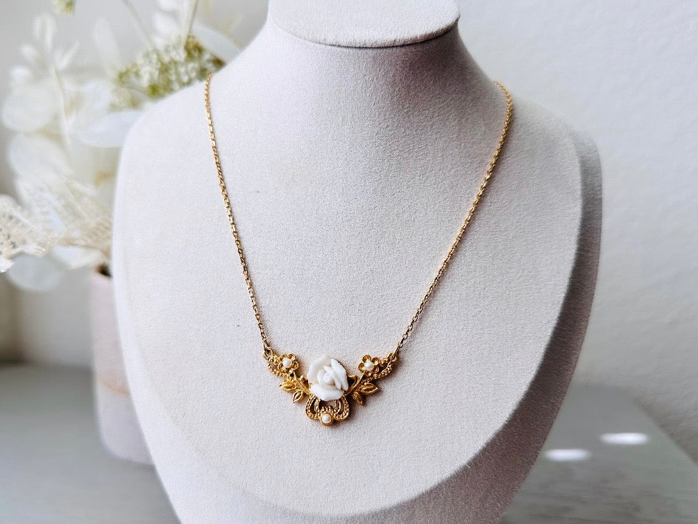 Porcelain Rose Necklace, Vintage 1970s Necklace, 18" Gold Flower Necklace, Tiny Pearls Scrolled Pendant, Dainty Victorian Revival Necklace