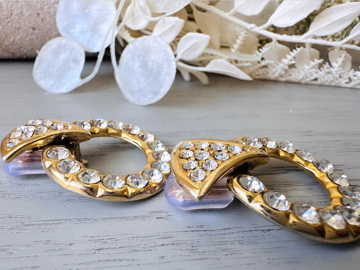 Rhinestone Pave 80s Door Knocker Earrings, Bold Glam Vintage Gold Hoop Clip On Earrings, Elegant 1980s Retro Fashion Earrings