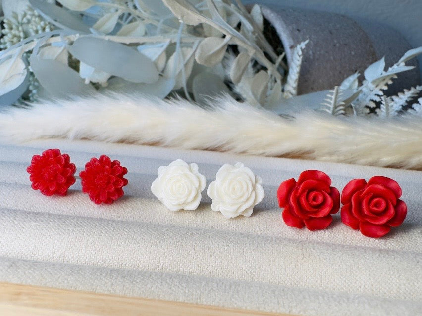 Flower Earrings Set in Red and White, Rose and Daisy Handmade Floral Resin Stud Earrings with Hypoallergenic Posts