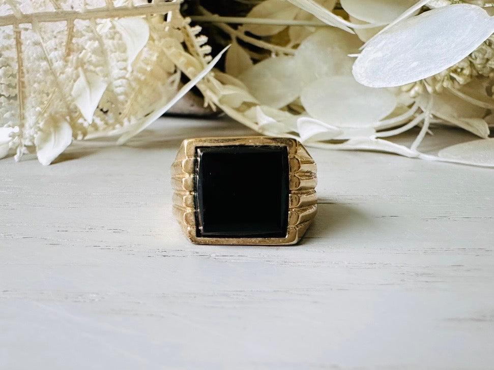 Onyx Signet Ring in Gold, Vintage 1940s Men's Cocktail Ring