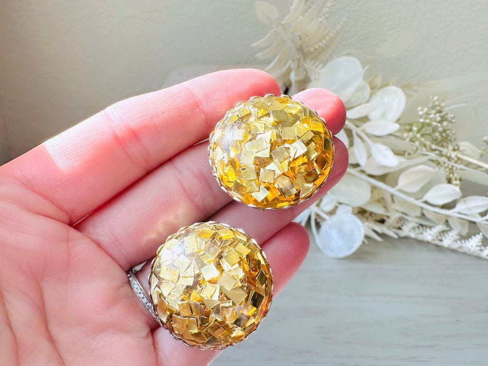 Gold Confetti Earrings, Sparkling Gold Foil Party Earrings, Fun Vintage Confetti Earrings, Clip On Gold Foil Glitter Earrings