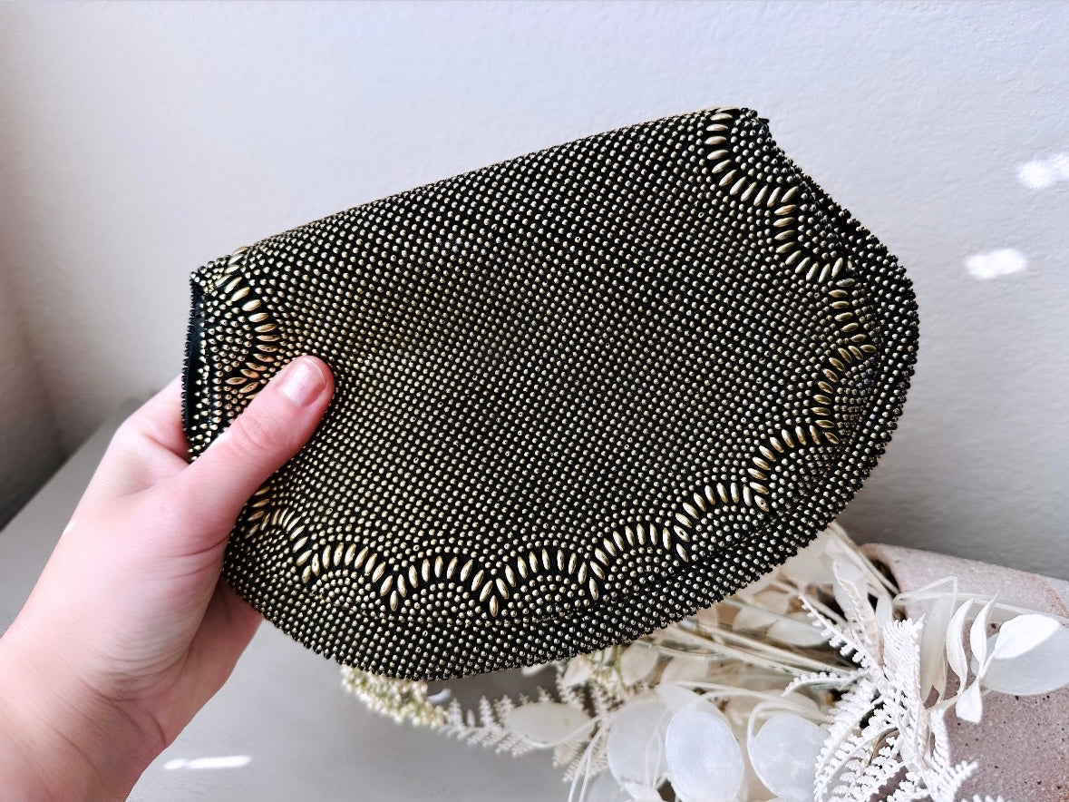1960's Vintage Beaded Evening Bag, Black and Gold Double Sided Fold Over Flap Clutch, Two Sided Fully Beaded Clutch, Made in Hong Kong