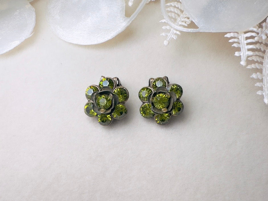Green Rhinestone Flower Earrings, Small Vintage 1960s Olive Green Crystal Clip On Earrings