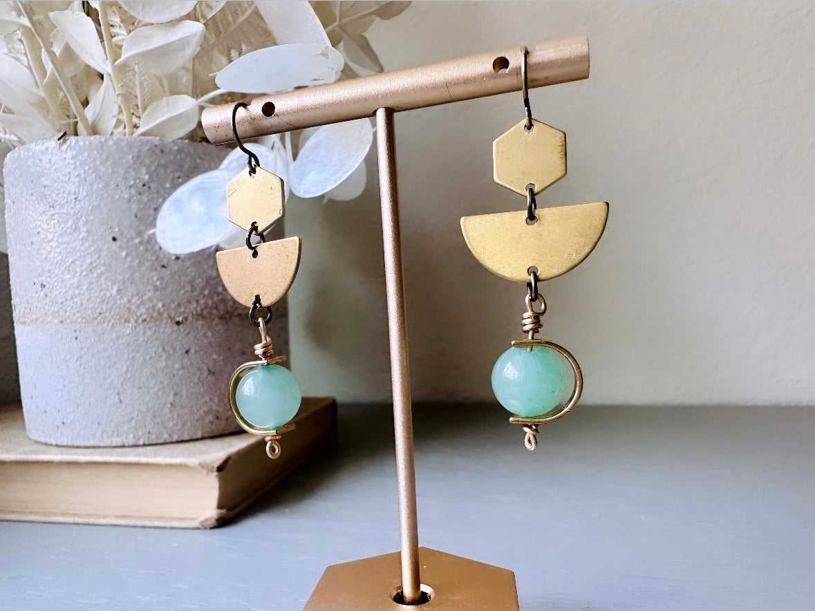 Green Aventurine + Raw Brass Earrings, Green Gemstone Bead Frame Earring, Geometric Tiered Half Moon, Boho Style Minimalist Stone Jewelry