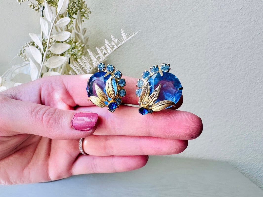 Sapphire Blue Earrings, Gorgeous Sparkling Jewel Vintage Gold Earrings  Rhinestone Clip On Earrings, Elegant 1960s Something Blue for Bride