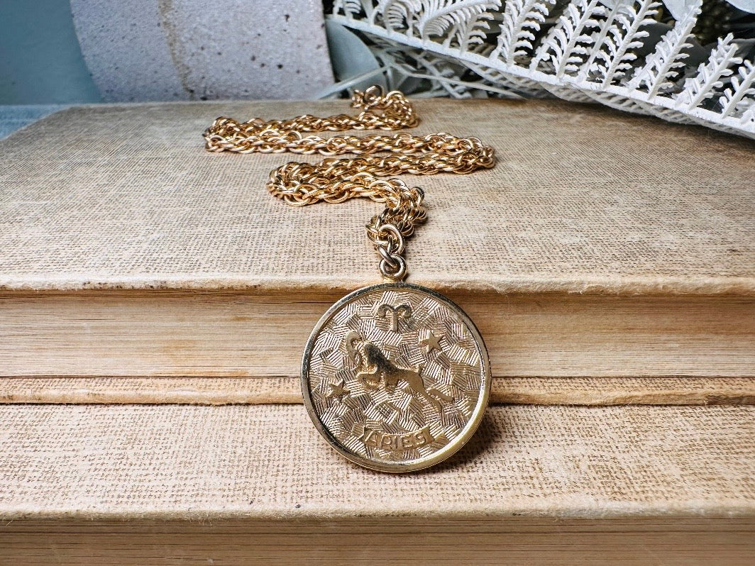 Vintage Aries Zodiac Necklace, Star Sign Astrology Necklace, Unique Birthday Necklace, 20" Long Gold Coin Aries Astrology Pendant Necklace