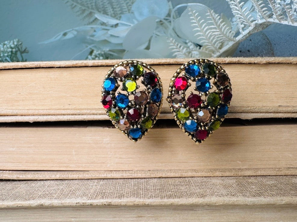 Vintage Rainbow Earrings, Colorful 60s Crystal Inverted Teardrop Clip Ons, Gorgeous Rhinestone Cocktail Earrings, Unique Statement Earrings