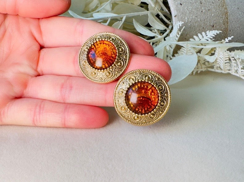 1928 Ornate Gold & Amber Resin Cabochon Vintage Statement Earrings