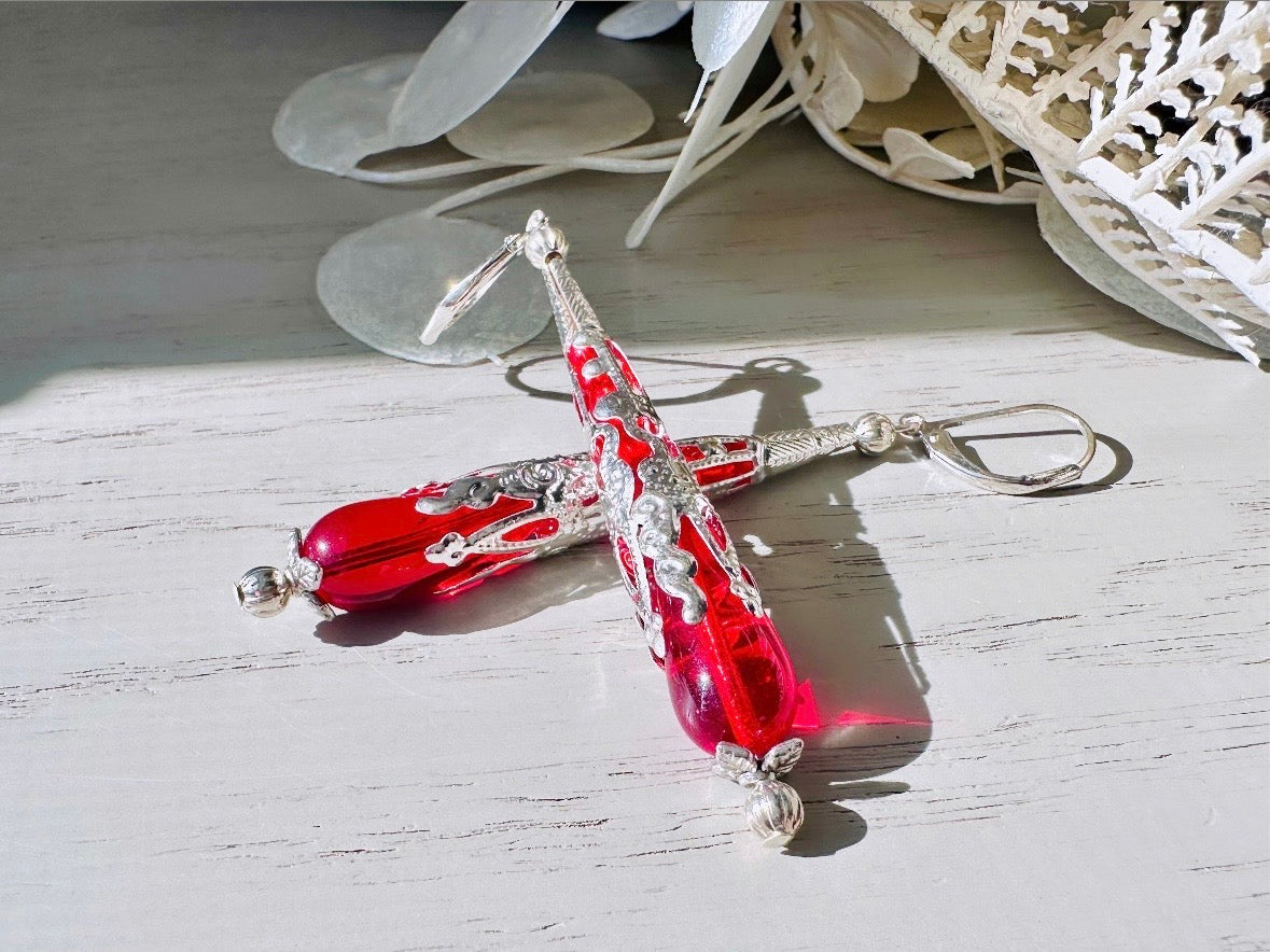 Red Teardrop Earrings, Beautiful Handmade Holiday Jewelry Gifts for Her, Striking Bright Red Glass Earring with Ornate Silver Filigree Cones