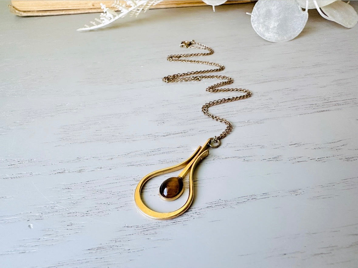 Vintage Tiger's Eye Pendulum Necklace, VTG 14k Gold Filled Gemstone Door Knocker Pendant Necklace, Dainty Unique Necklace