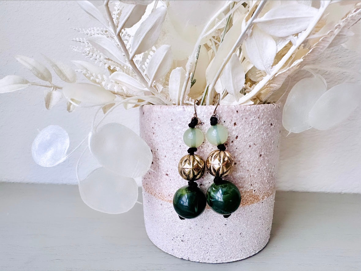 Green and Bronze Vintage Earrings, Jade Acrylic Beaded Long Dangle Earrings, Cute Everyday Bold Earrings, French Hook Pierced Earrings