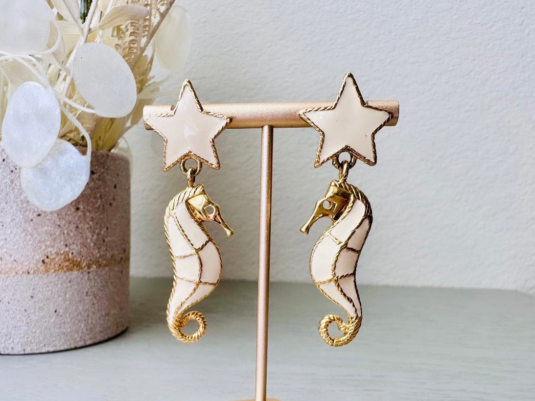 Trifari Seahorse Earrings, Vintage Gold Plated Cream Enamel Seahorses and Stars, Vintage Pierced Dangle Stud Earrings, Designer Vintage