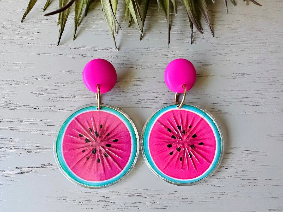 Vintage Watermelon Earrings, Hot Pink 1993 Tooty Fruity Summer Fruit Earrings, Vintage Acrylic 90s Does 60s Retro Watermelon Slice Earrings