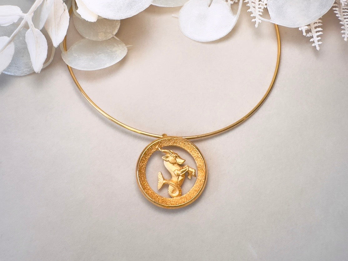 Capricorn Zodiac Necklace, Rare Signed Crown Trifari Designer Matte Gold Hoop Choker Astrology Necklace