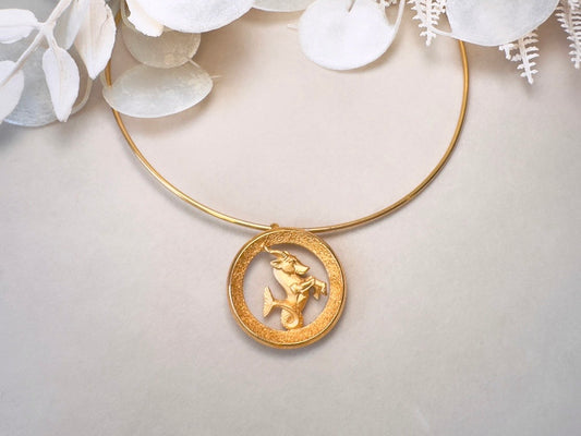 Capricorn Zodiac Necklace, Rare Signed Crown Trifari Designer Matte Gold Hoop Choker Astrology Necklace