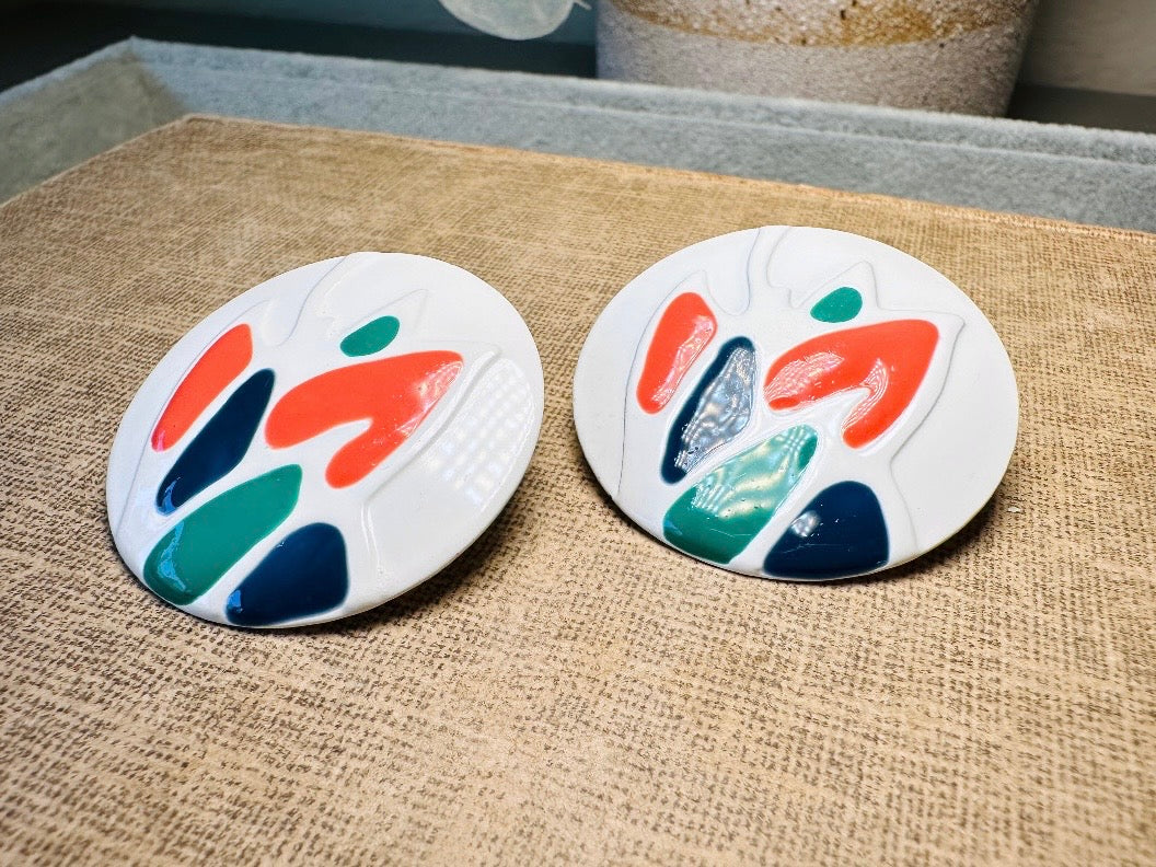 Teal Orange Blue and White Oversized Geometric Enamel Earrings, Fun 1980's Vintage Earrings, Colorful Interesting Retro Painted Earrings
