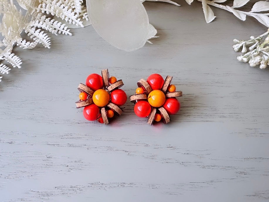 Vibrant 1960s Earrings, Red + Orange Vintage Beaded Clip On Earrings, Japanese Earrings w Wood Discs and Rhinestones, Authentic 60s Earrings