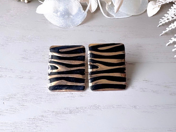 Zebra Print Earrings, Black and Gold Vintage 1980's Stud Earrings, Rectangle Animal Print Earrings, 80s Funky Large Pierced Post Earrings