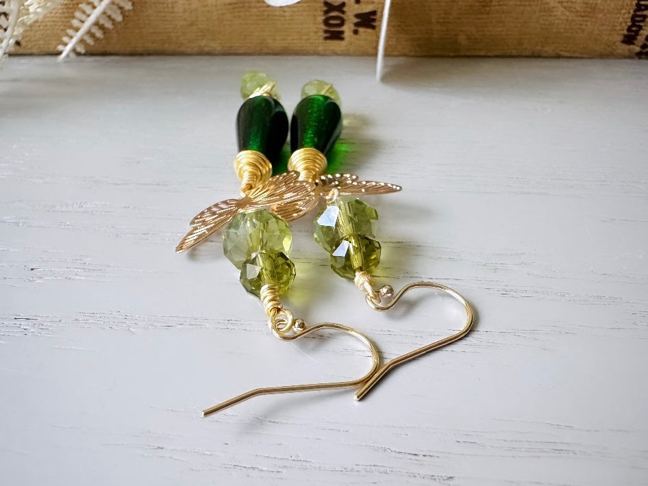 Green Butterfly Earrings, Bridgerton Inspired Handmade 14k Gold Filigree Butterfly Green Crystal Dangle Earrings, Woodland Whimsical Earring by Piggle and Pop