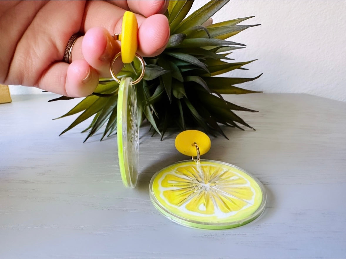 Bright Yellow Lemon Earrings, 1993 Tooty Fruity Summer Fruit Earrings, Vintage Acrylic  Earrings, Big 90s Does 60s Retro Lemon Slice Earring