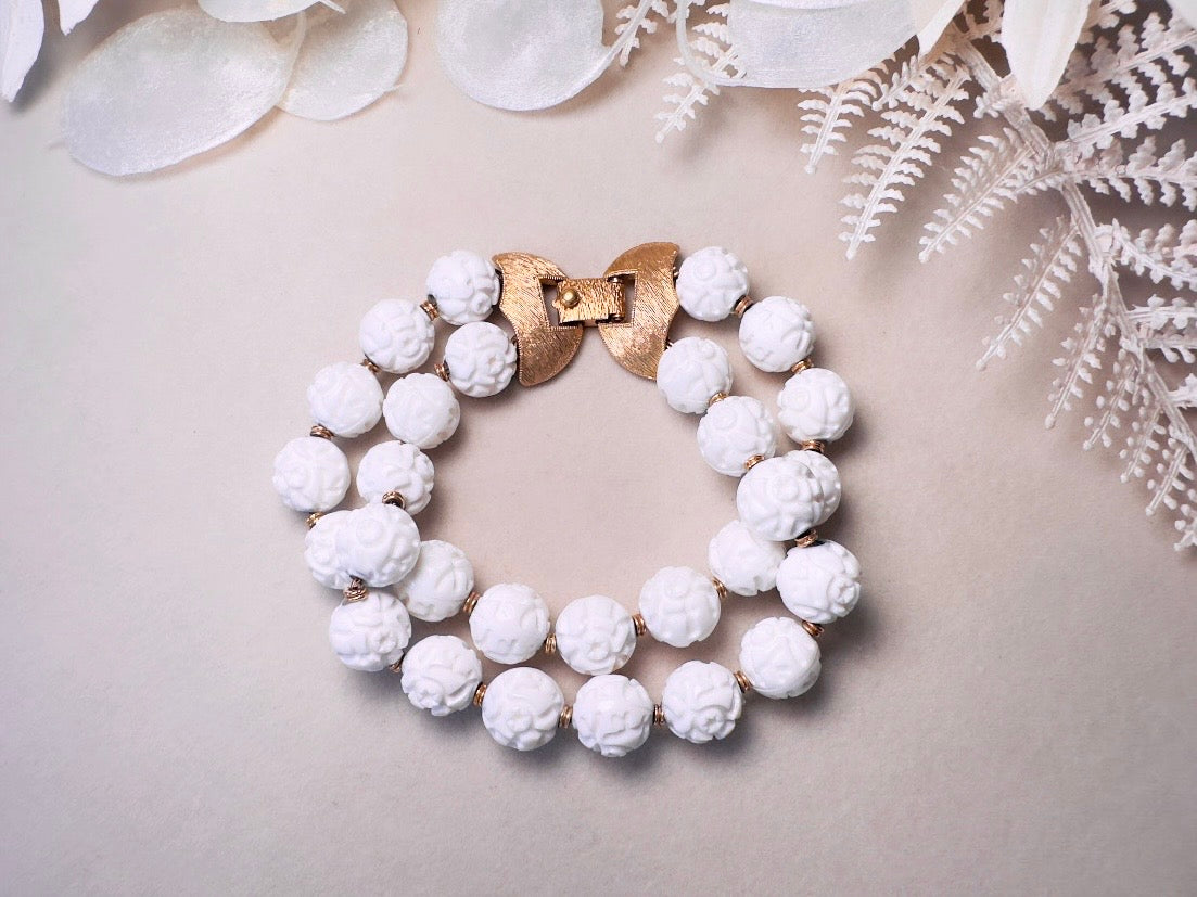 White Monet Bracelet, 1960s Carved Rose White Acrylic Beaded Double Strand Floral Bracelet