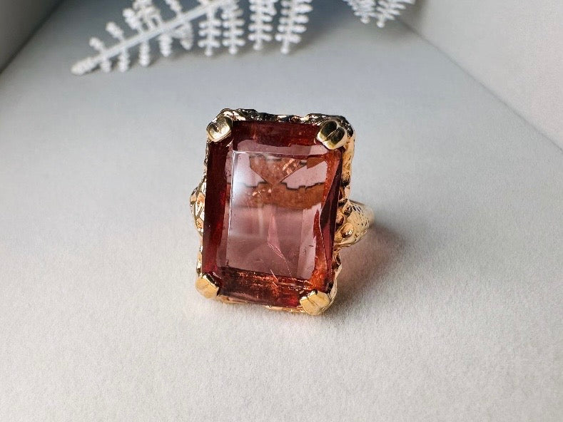 Vintage Cocktail Ring, 1973 Twilight Faux Amethyst Emerald Cut Ring