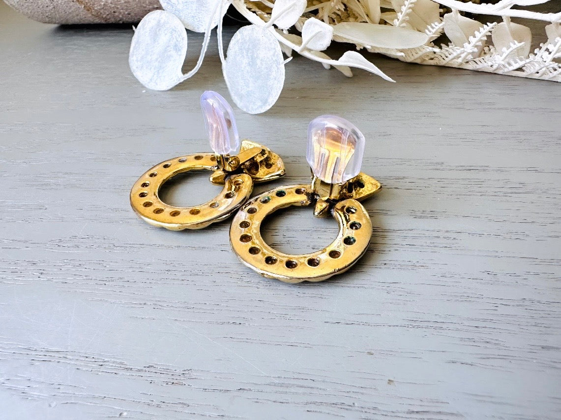 Rhinestone Pave 80s Door Knocker Earrings, Bold Glam Vintage Gold Hoop Clip On Earrings, Elegant 1980s Retro Fashion Earrings