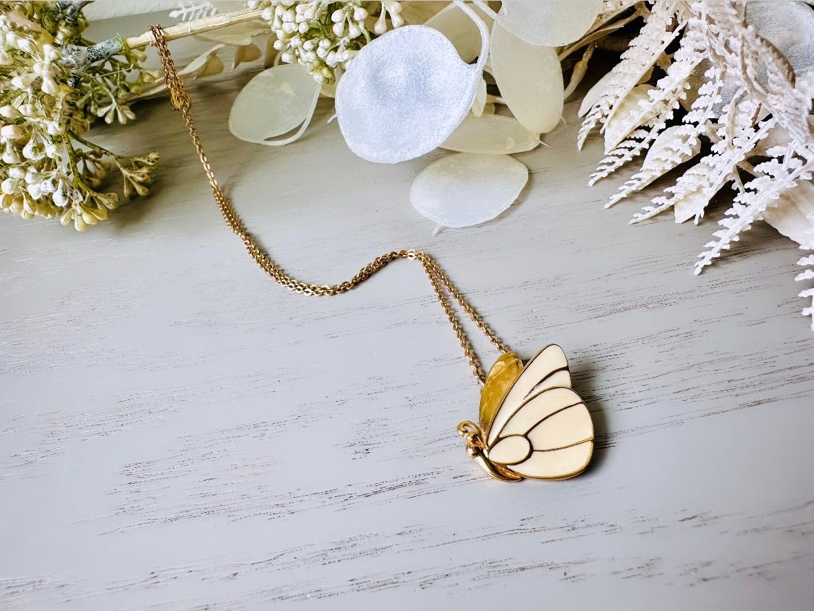 Butterfly Pendant Necklace, Cream and Gold Enamel Vintage Necklace, Monet Butterfly Necklace, Classic Dainty Chain Vintage Necklace 16"