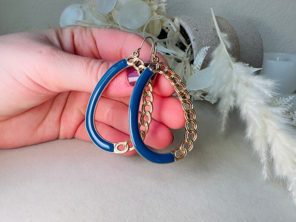 Teardrop Hoop Earrings with Blue Enamel and Gold Chain, Unique 80s Vintage Drop Earrings
