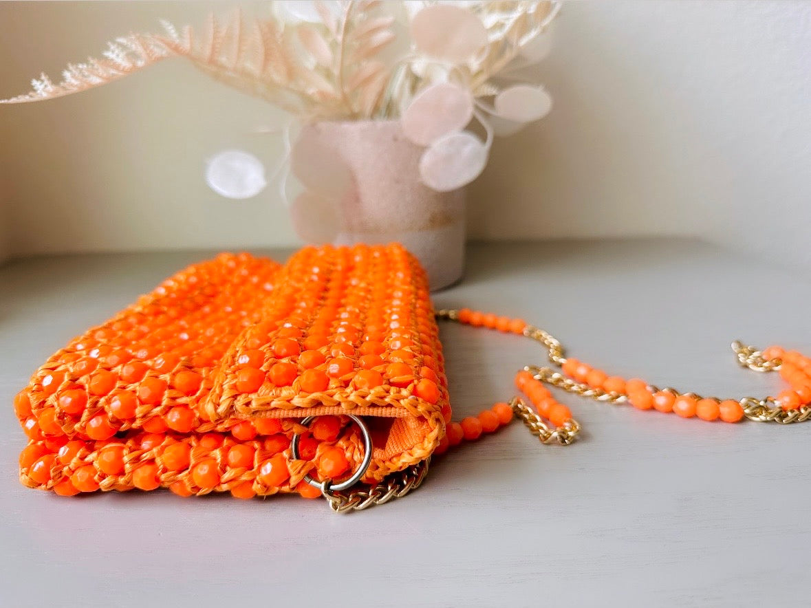 Vintage Orange Handbag, 1960s Beaded Raffia Crossbody Bag in Juicy Orange, Kiss Lock Clutch with Faceted Beaded Chain Strap, Retro 60s Mod