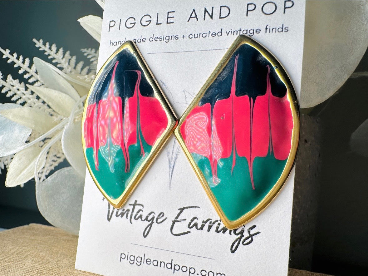 1980s Painted Abstract Earrings, Pink Teal Black and Gold Unique Colorful Paint Splatter Earrings, 80s Drip Enamel Pierced Statement Earring
