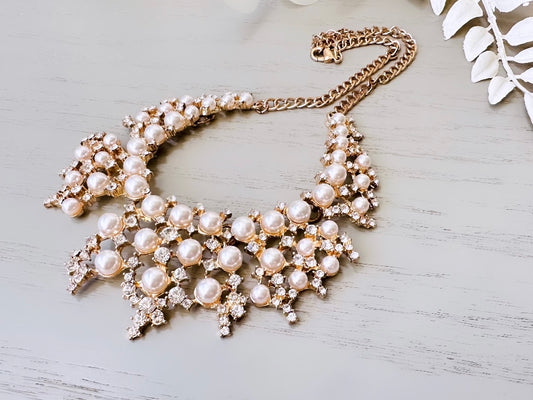 Blush Pearl and Diamond Rhinestone Vintage Necklace, Sparkling Elegant Statement Necklace, Articulated Cocktail Necklace NYE Holiday Party