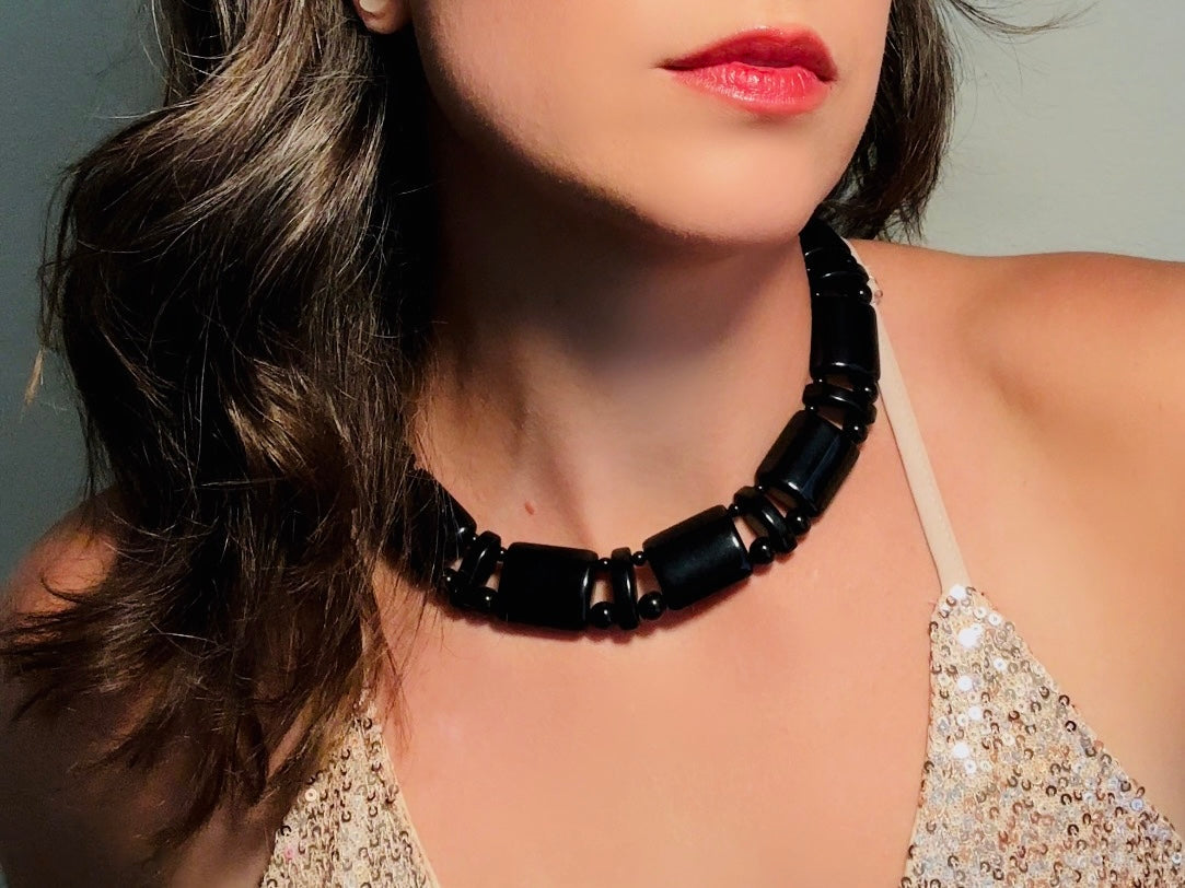 Vintage Black Monet Necklace, Runway Couture Jet Black Lucite Beaded Necklace w Stunning Gold Clasp, Rare Signed Designer Vintage Necklace