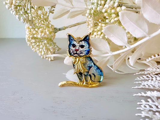 Vintage Cat Brooch, Blue Sparkly Cat Pin, Gold Trimmed Glitter 1980s Vintage Kitty Cat Broach Pin, Quirky Animal Brooch Cat Lover Gift