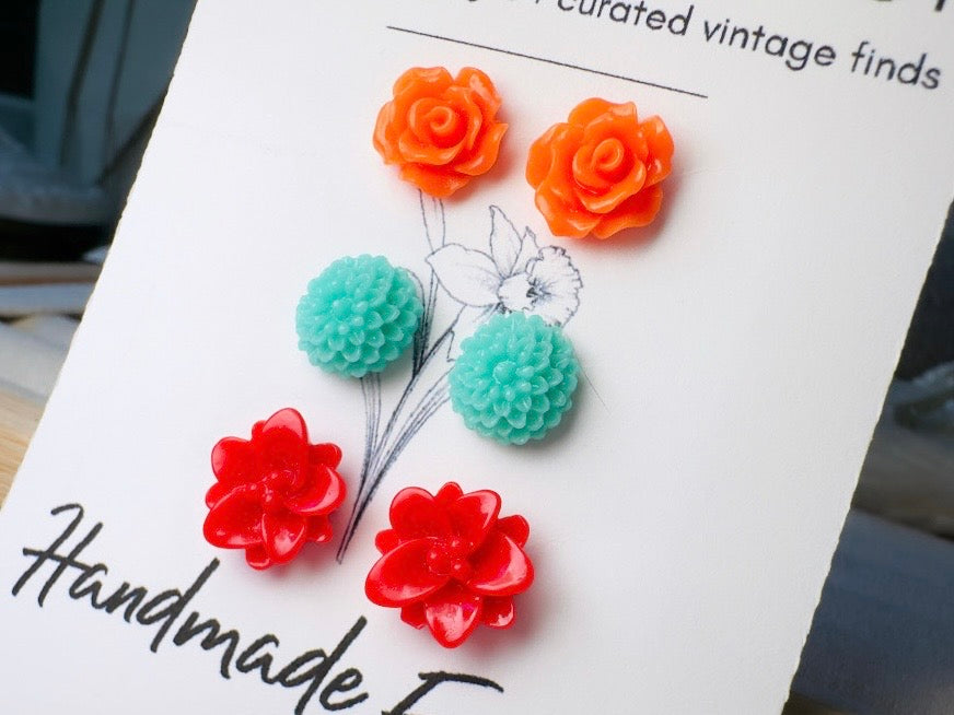 Flower Earring Stud Set in Orange, Teal and Red, Handmade Colorful Hypoallergenic Surgical Steel Post Earrings