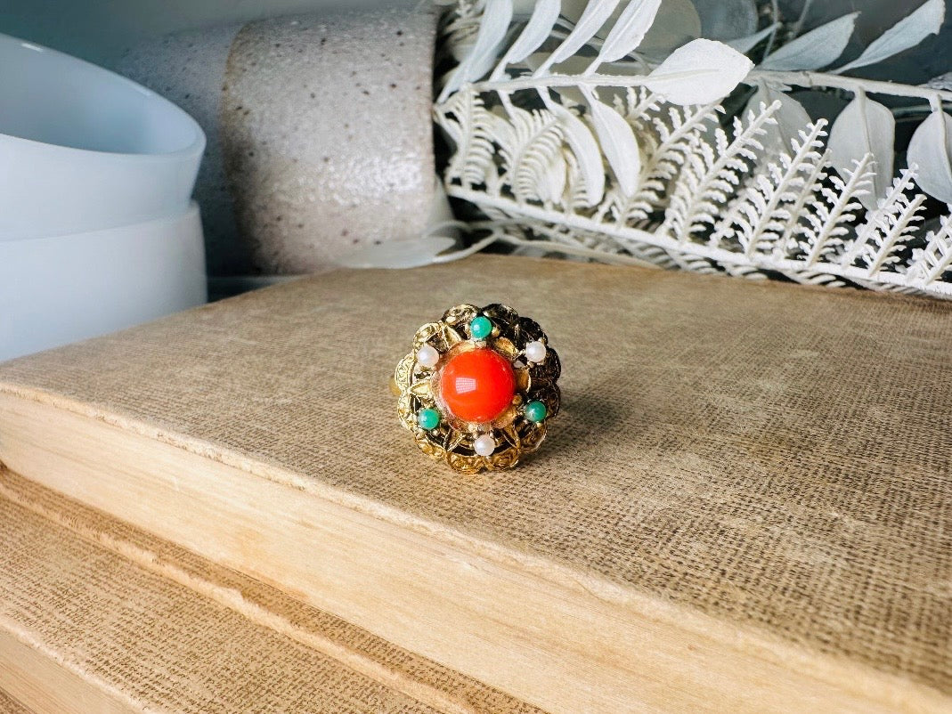 Vintage Orange Bullet Cabochon Ring with Green and Pearl Cabochons, Gold Tone Adjustable Etruscan Revival Ring