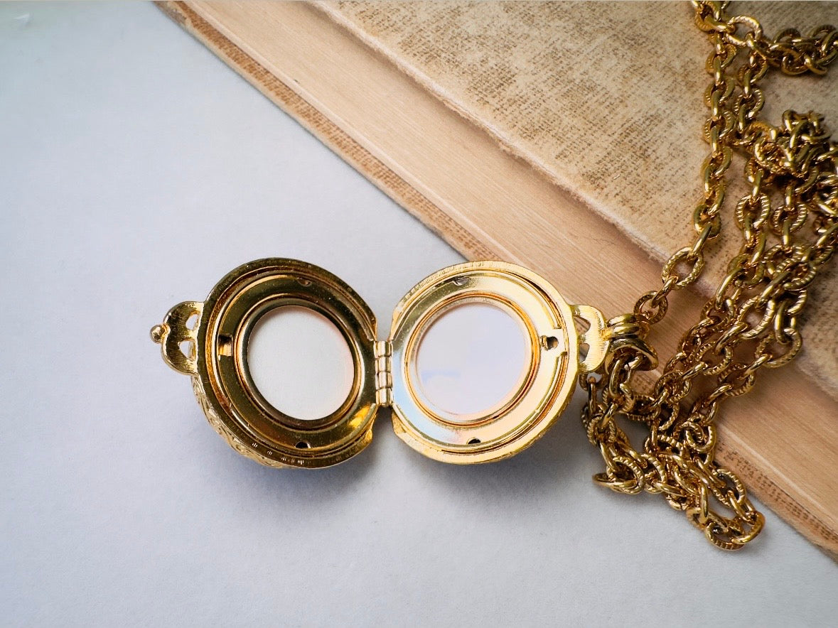 Black Locket Necklace, Sphere Locket Pendant Necklace on Extra Long Gold Chain, Vintage Liz Claiborne Necklace