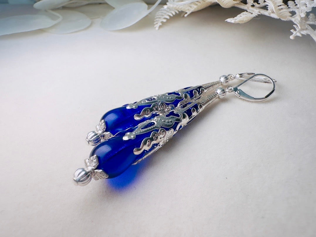 Blue Teardrop Earrings, Long Handmade Cobalt Blue Czech Glass Beaded Drop Earrings with Victorian Silver Filigree Cones