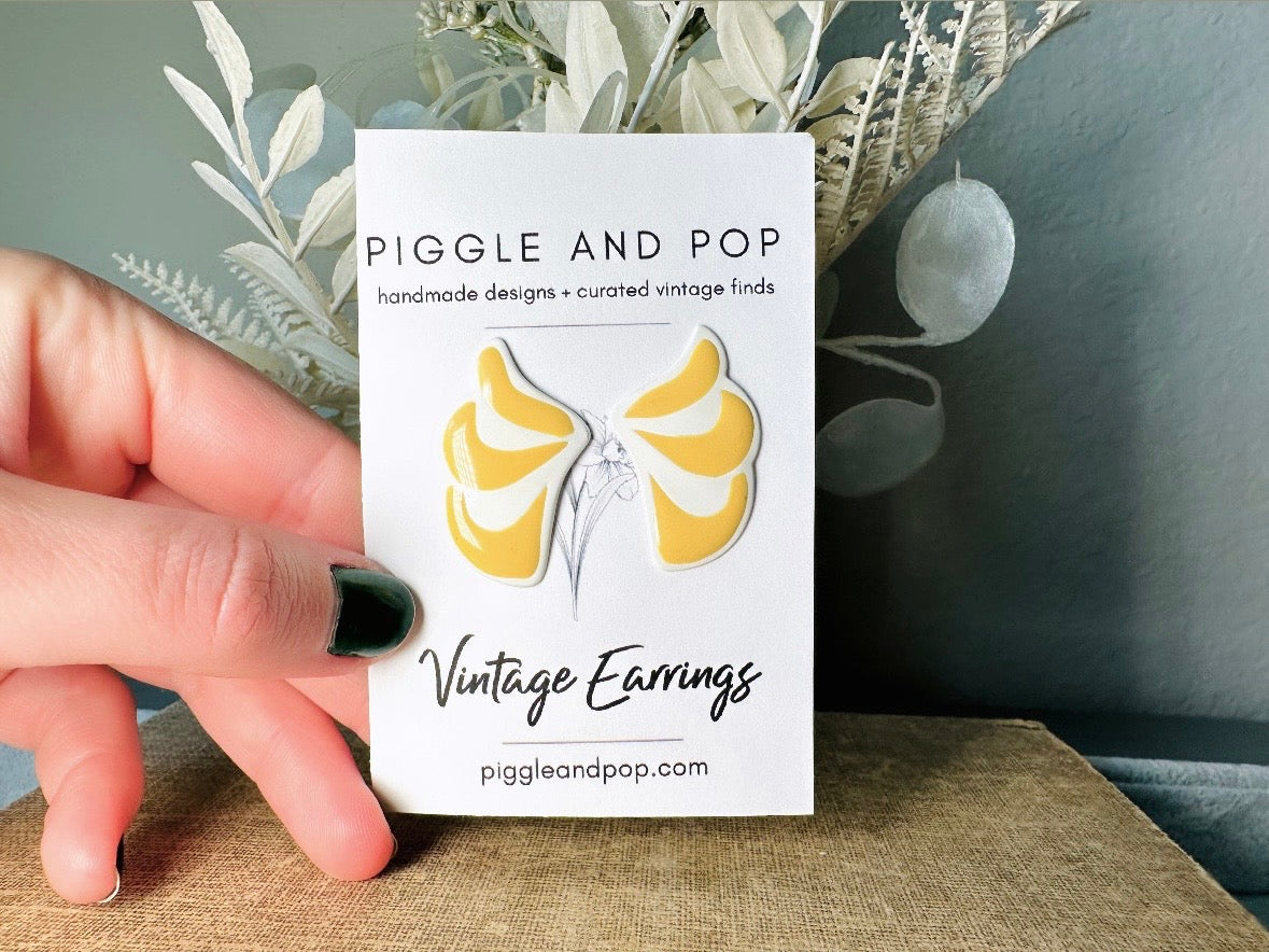 Yellow + White Wing Earrings, Vintage Pierced Earrings, Light Mustard Yellow Cute Enamel 1970s Earrings, Fun Retro Pop Vintage Earrings