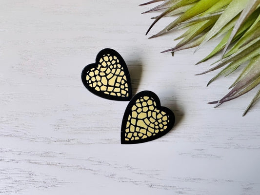 Mosaic Heart Earrings, Black and Gold Enamel Metal Heart Pierced Earrings, Unique Vintage Textured Metal Heart Pierced Post Earrings