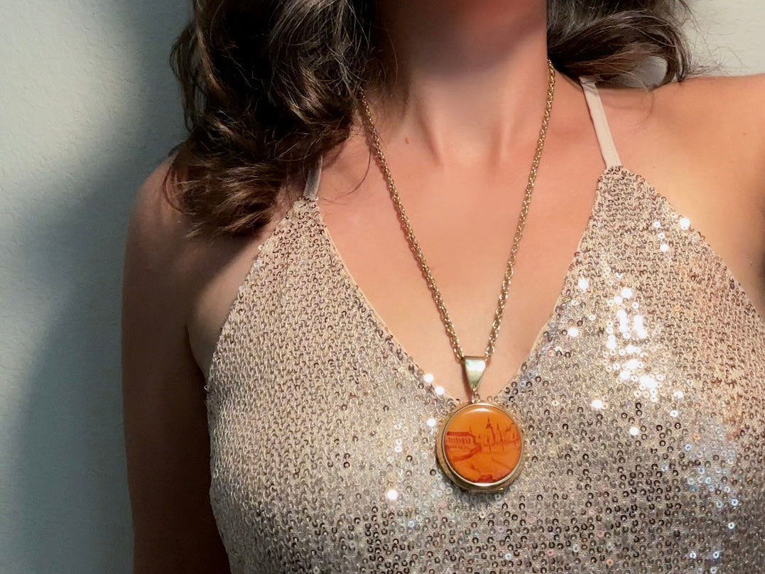 Vintage Locket Necklace, 1970s Victorian Revival Pendant Necklace with Red Orange City