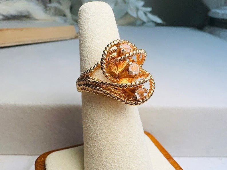 Vintage Statement Ring, Park Lane Twisted Rope Gold Ring with Swarovski Crystal Accents, Chunky Multi Stone Vintage Cocktail Ring 18K Size 6