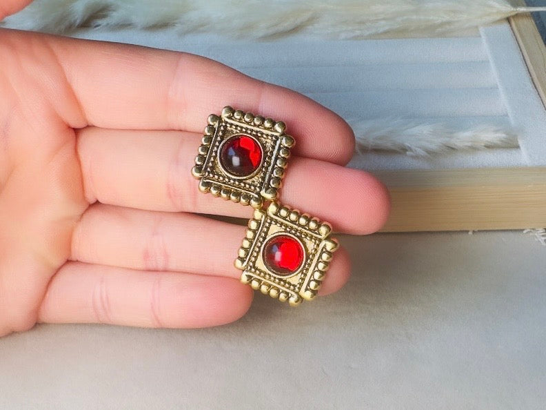 Red Gripoix Earrings, Vintage 1928 Post Earrings, Embossed Gold Square Earrings with Glowing Red Cabochons