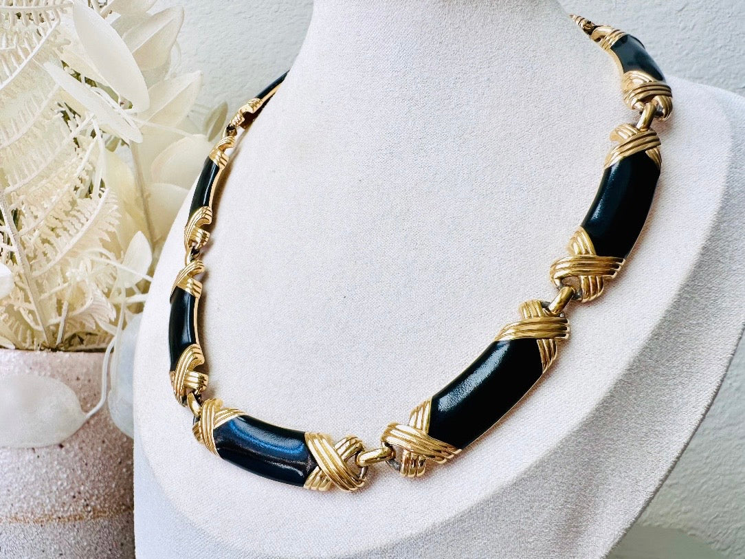 Vintage Monet Necklace Black Enamel and Gold X Choker Necklace, Runway Couture Signed Designer Vintage 1980s Mogul Necklace