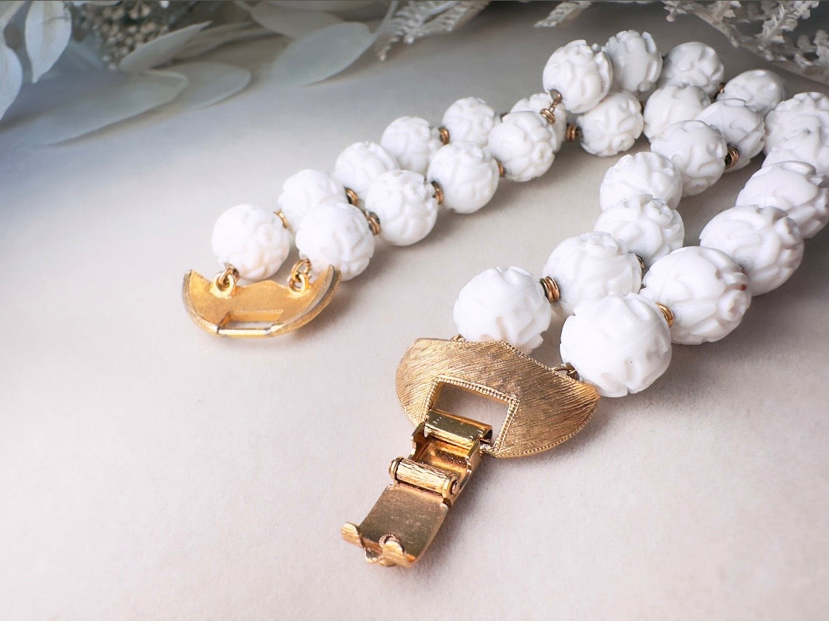 White Monet Bracelet, 1960s Carved Rose White Acrylic Beaded Double Strand Floral Bracelet