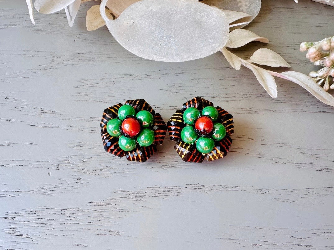 Red and Green Vintage Earrings, Unique 1960s Beaded Clip On Earrings, Made in Hong Kong, Super Cool Mod Pop Retro Authentic 60s Earrings