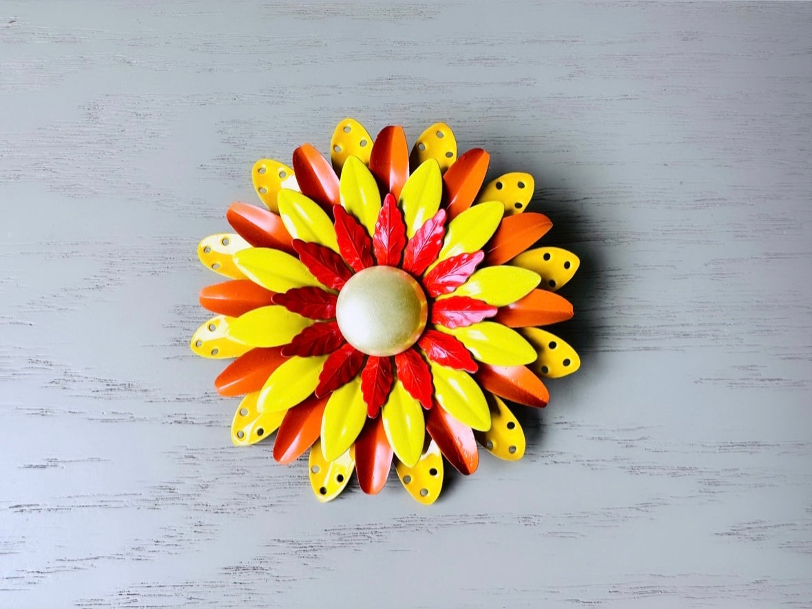 Vibrant Flower Brooch Yellow Orange + Red Floral Pin Pearl Center, Extra Large Vintage Brooch, 1960s Vintage Mod Flower Power Enamel Pin